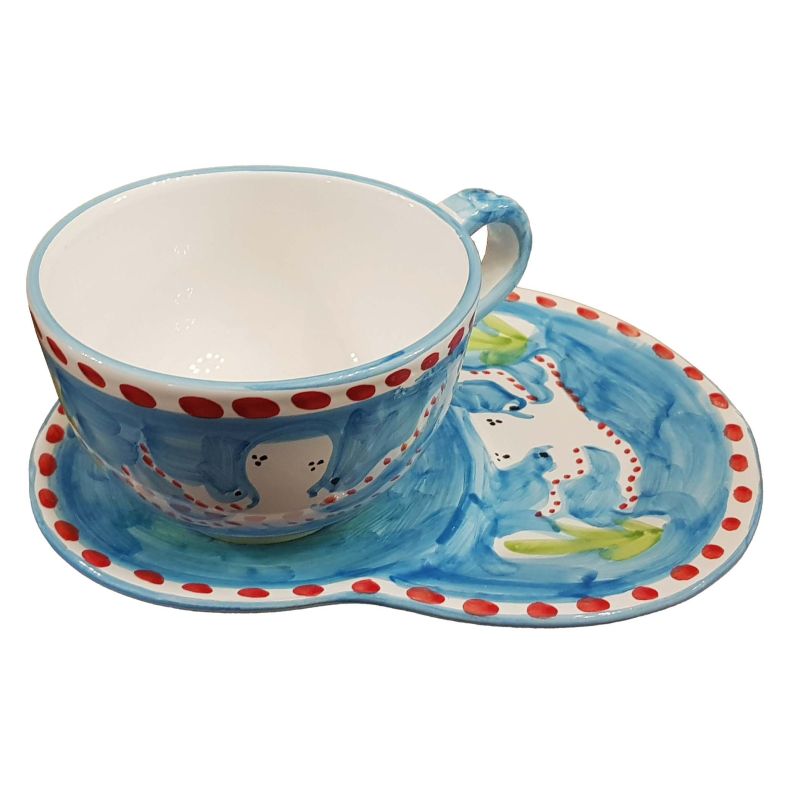 Tazza da latte con piatto portabiscotti linea animaletti. Ceramica di Vietri dipinta a mano.