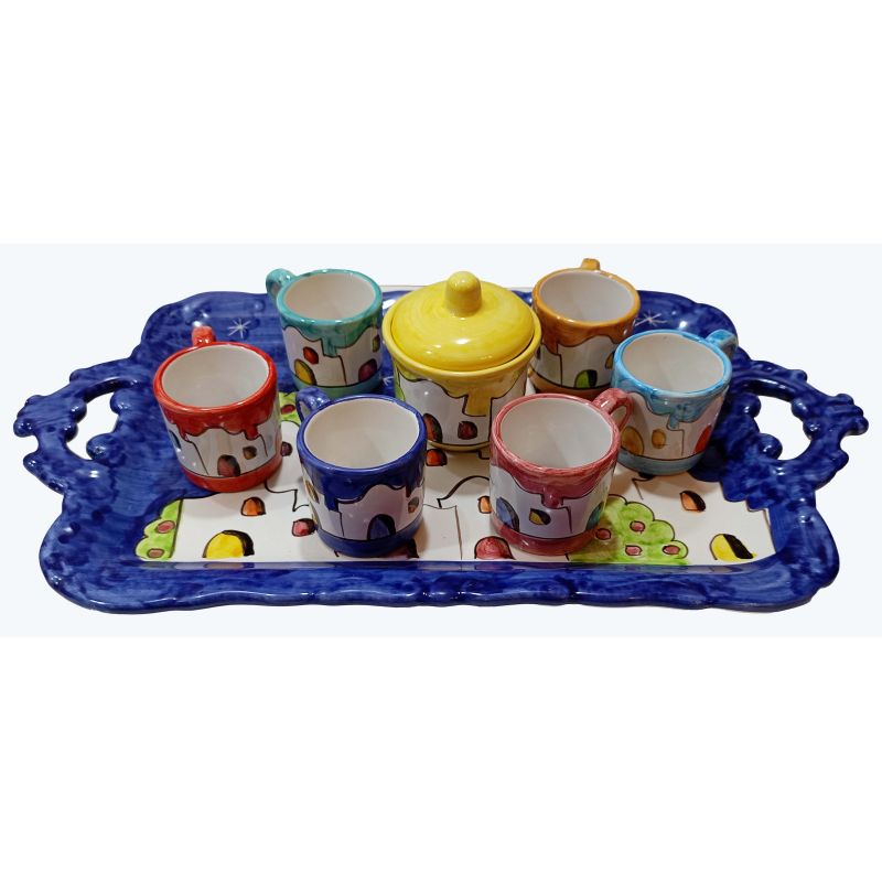 Set of cups with tray Casette line. Hand-painted Vietri ceramic.