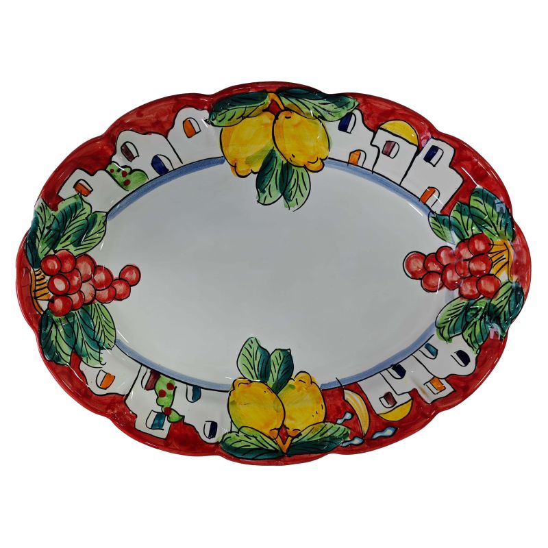 Oval plate houses and Lemons line. Serving plate handpainted Vietri ceramic.