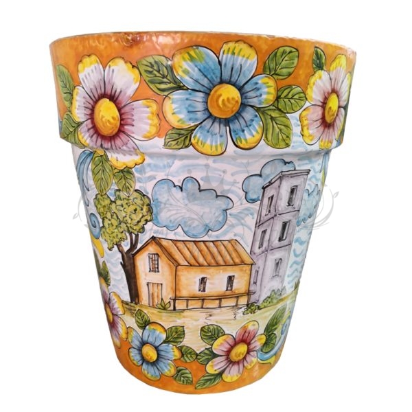 Vaso conico fondo arancio vecchio, decoro floreale.  Ceramica di Vietri dipinto a mano.