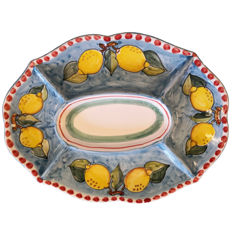 Antipastiera Cena Fredda 5 scomparti linea limoni Blu e giallo. Ceramica di Vietri dipinta a mano