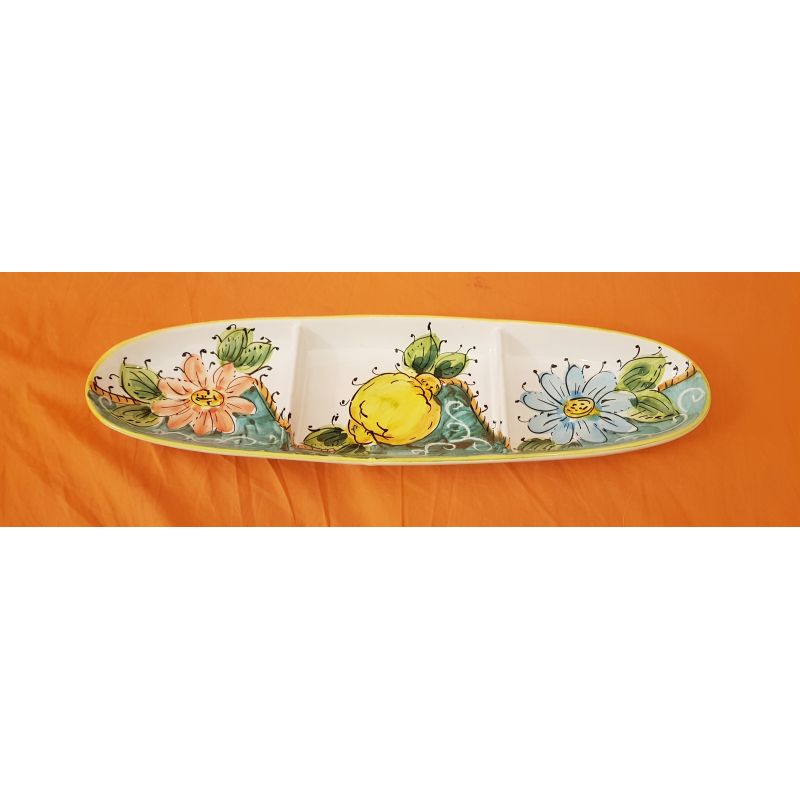 Antipastiera Cena Fredda decoro fiori e limoni. Ceramica di Vietri dipinta a mano