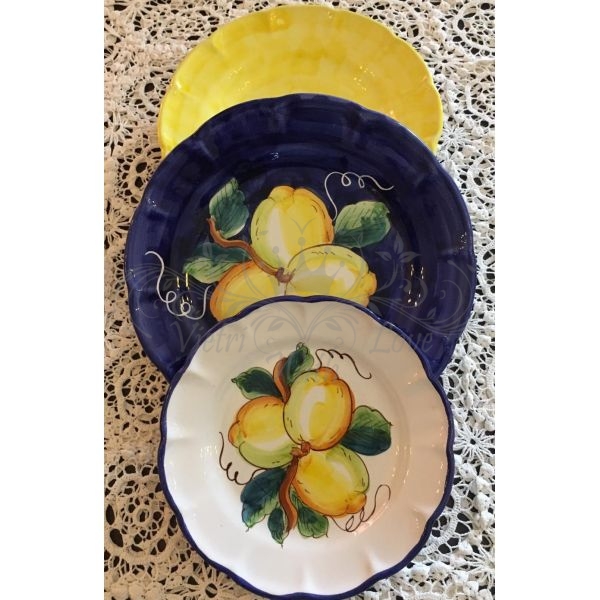Tris di piatti linea limoni Blu e gialli. Ceramica di Vietri. tris